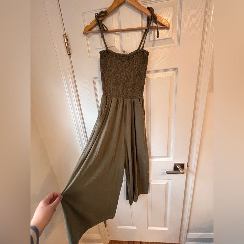 Jack by BB Dakota One-Piece Smocked Wide-Leg Jumpsuit in olive green size XS